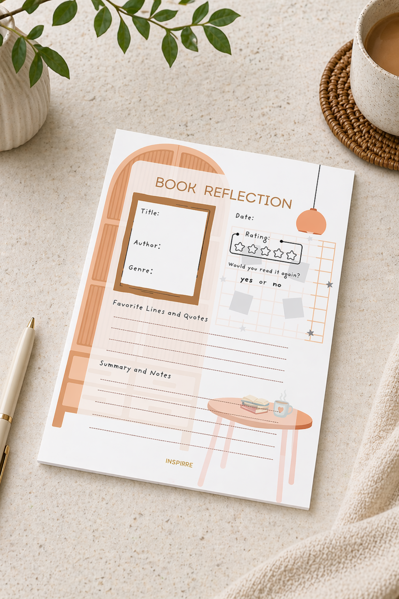 Book reflection sheet on a table with a cup of coffee and pen