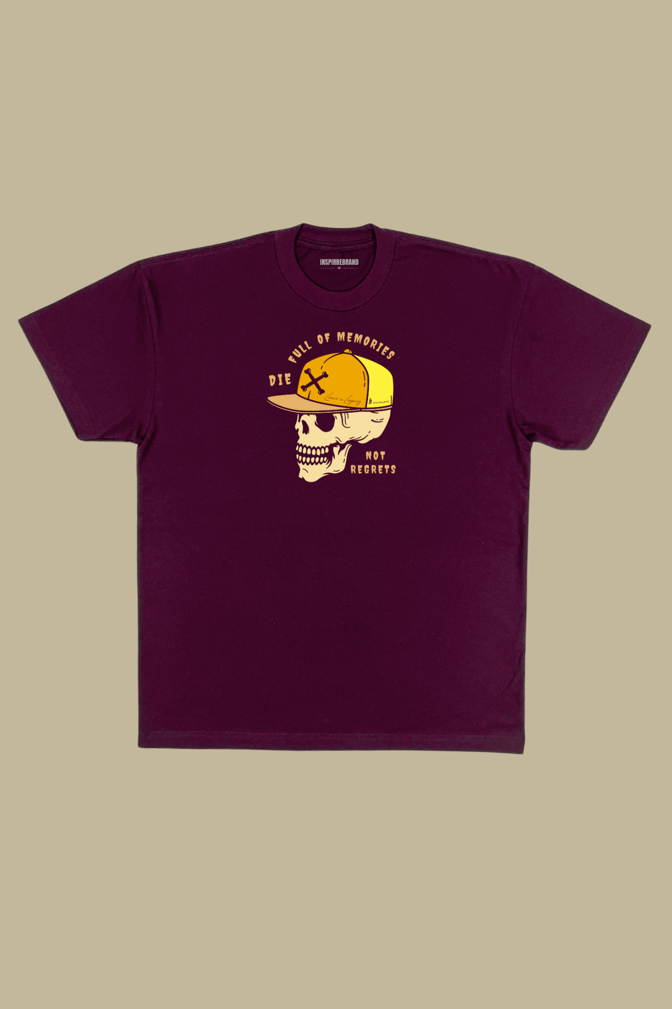 Die Full of Memories Not Regrets heavyweight maroon tee with skull in snapback graphic - premium cotton streetwear shirt
