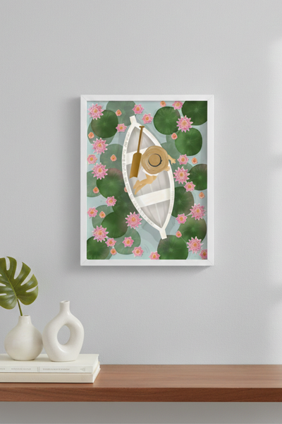 Lotus art print - aerial view of boat on lily pad pond with pink lotus flowers