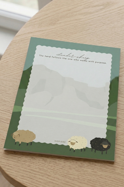 Leader-sheep custom notepad cover featuring illustrated sheep mountain landscape and the tagline The herd follows the one who walks with purpose by INSPIRRE