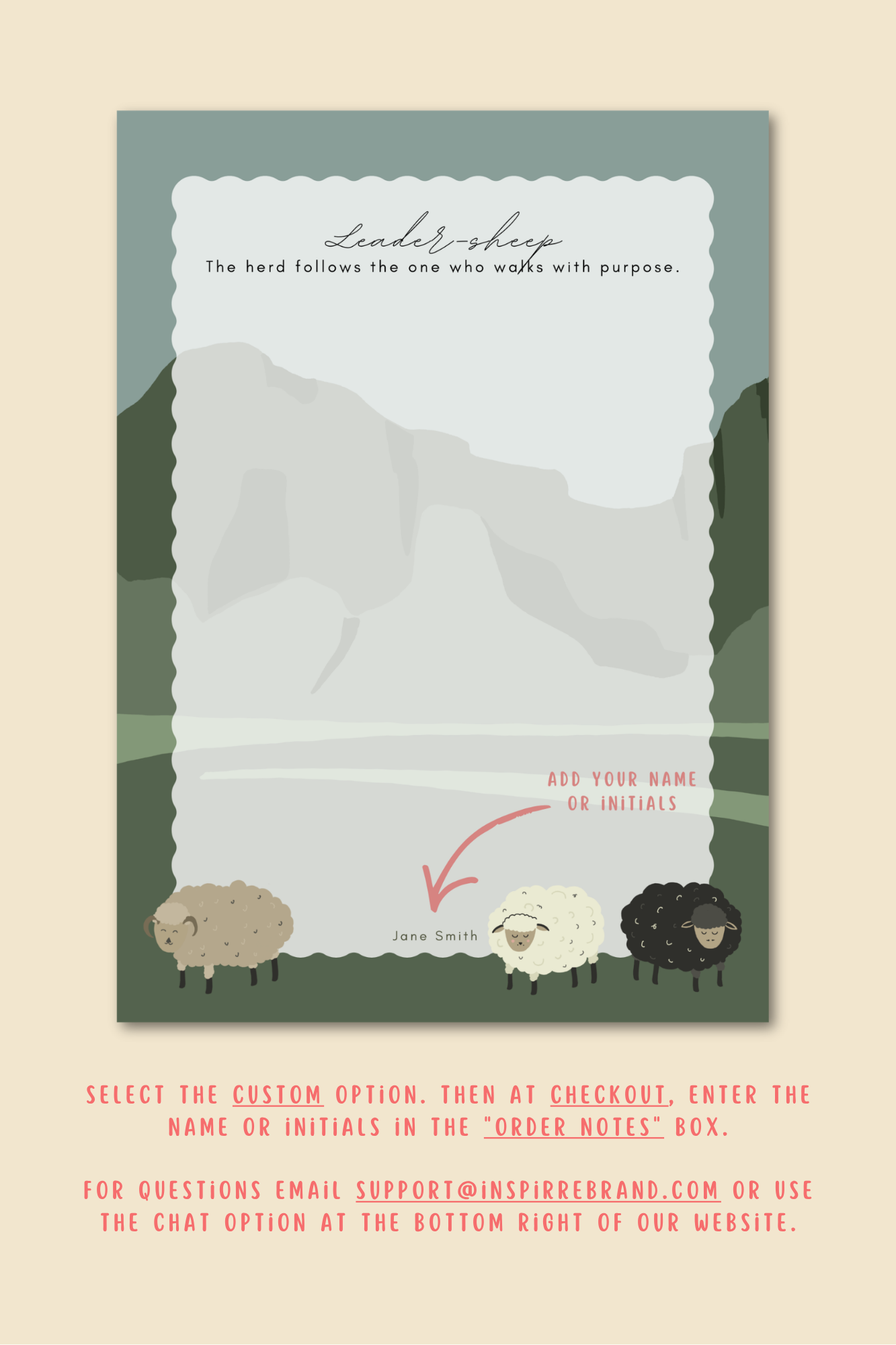 Leader-sheep custom notepad cover featuring illustrated sheep mountain landscape and the tagline The herd follows the one who walks with purpose by INSPIRRE