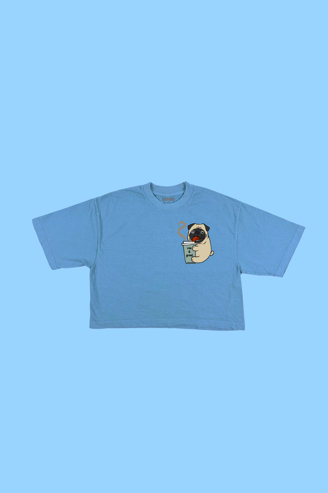 Rise and Grind coffee lover crop tee in ocean blue - garment-dyed women's oversized crop top