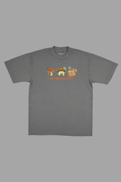 Spread Love Like Shrooms premium graphic tee in gray - mushroom and kindness adult shirt