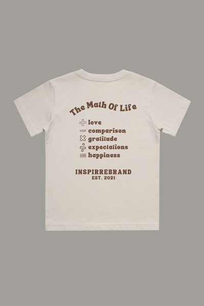 The Math Of Life toddler tee in beige shirt and brown print - happiness equation graphic shirt for kids