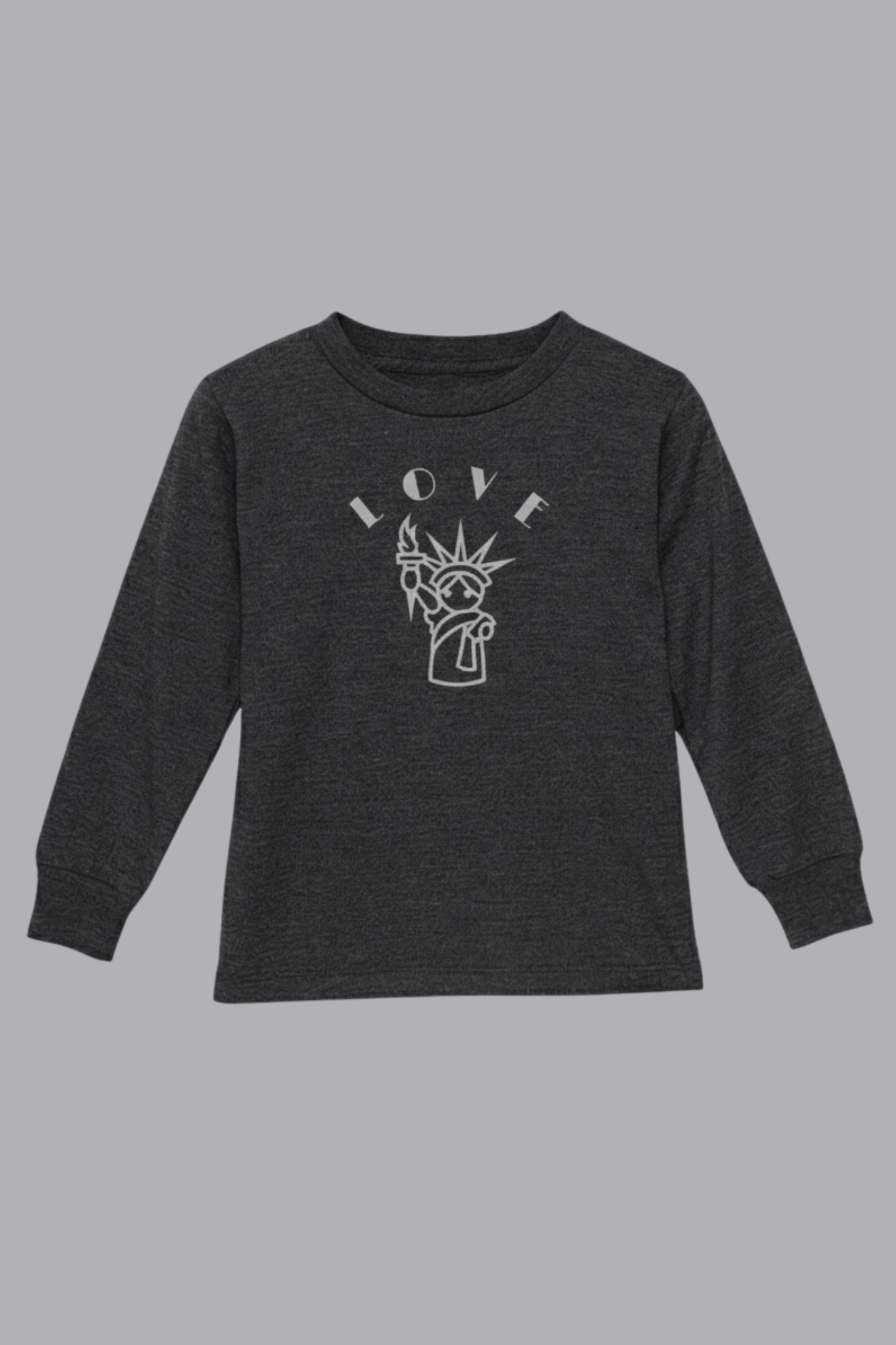 Love is Free Liberty toddler long sleeve shirt in heather blue - New York Statue of Liberty kindness kids clothing
