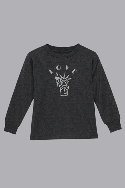 Love is Free Liberty toddler long sleeve shirt in heather blue - New York Statue of Liberty kindness kids clothing