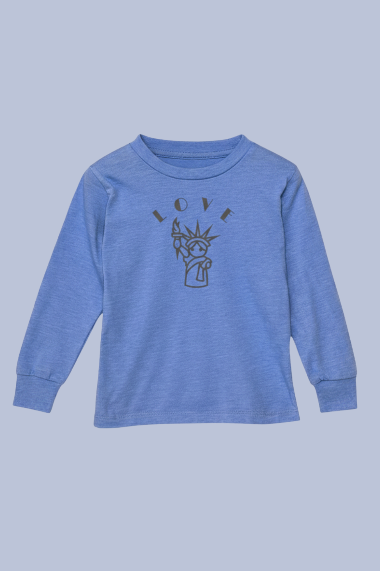 Love is Free Liberty toddler long sleeve shirt in heather blue - New York Statue of Liberty kindness kids clothing