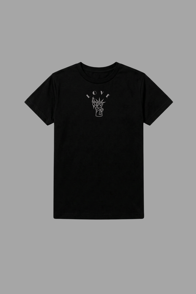 Love is Free Liberty youth tee in black - sustainable cotton equality shirt with patriotic message