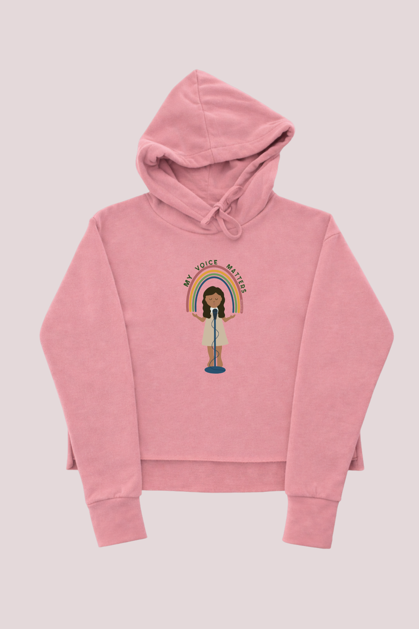 Close-up of My Voice Matters print on cropped hoodie - raw edge hem streetwear style