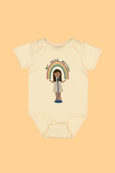 My Voice Matters baby onesie in natural yellow or beige - empowering infant bodysuit