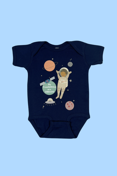 My Possibilities Are Endless baby onesie in navy blue color - inspirational infant bodysuit