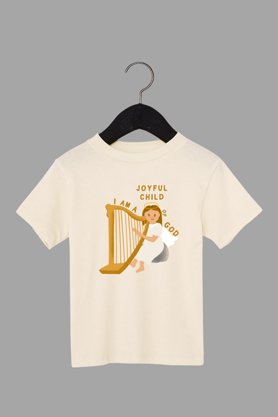 I Am A Joyful Child of God toddler tee in cream or beige - faith-based graphic shirt for kids