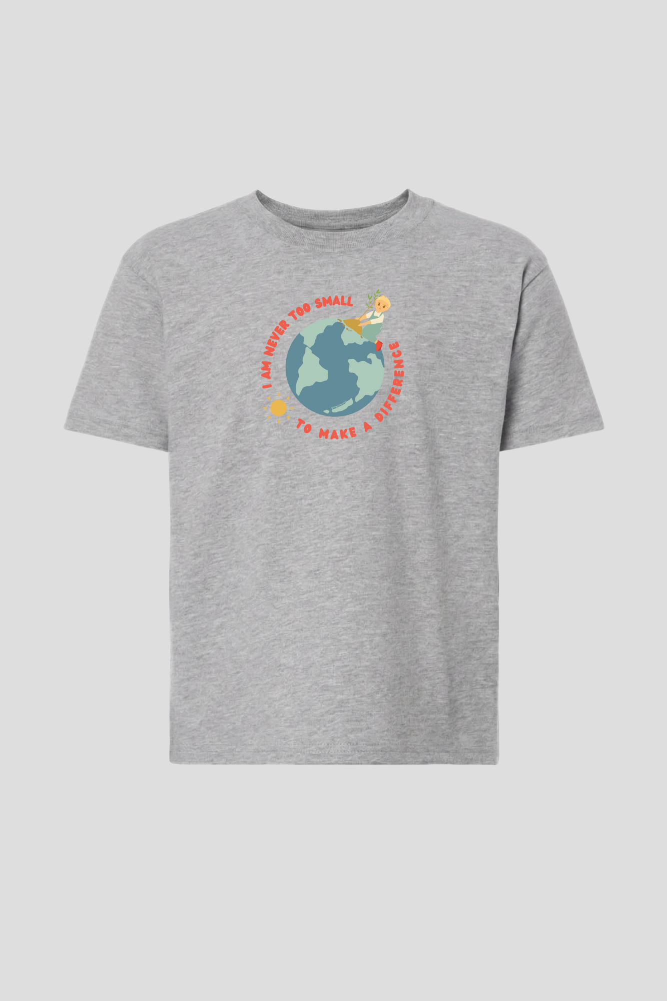 I Am Never Too Small To Make A Difference youth tee in heather gray shirt - empowerment and kindness message for kids