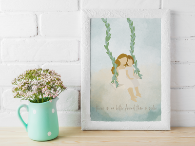 Sister wall art in nursery or kids room - watercolor style print celebrating sibling bond and sisterhood