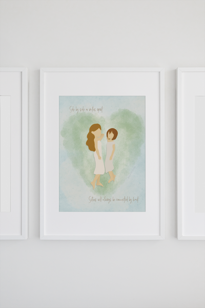 Connected by heart sister art print in frame - long distance sisterhood quote with watercolor-style digital illustration