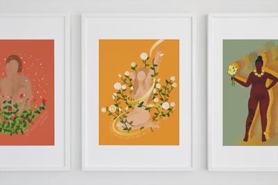 Rise art print - phoenix rebirth illustration with figure emerging from white roses