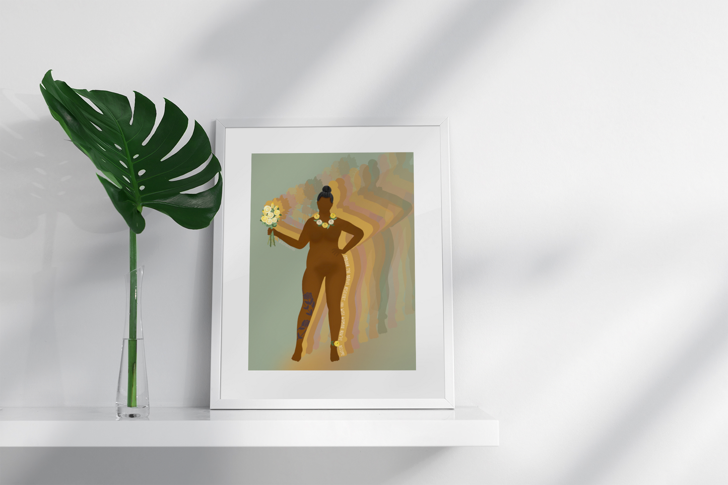 Conquer art print - empowered Black woman holding flowers with rainbow shadows