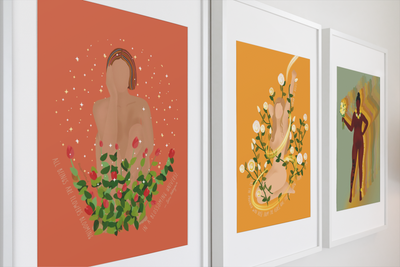 Bloom art print - minimalist figure emerging from pink roses with rainbow hair