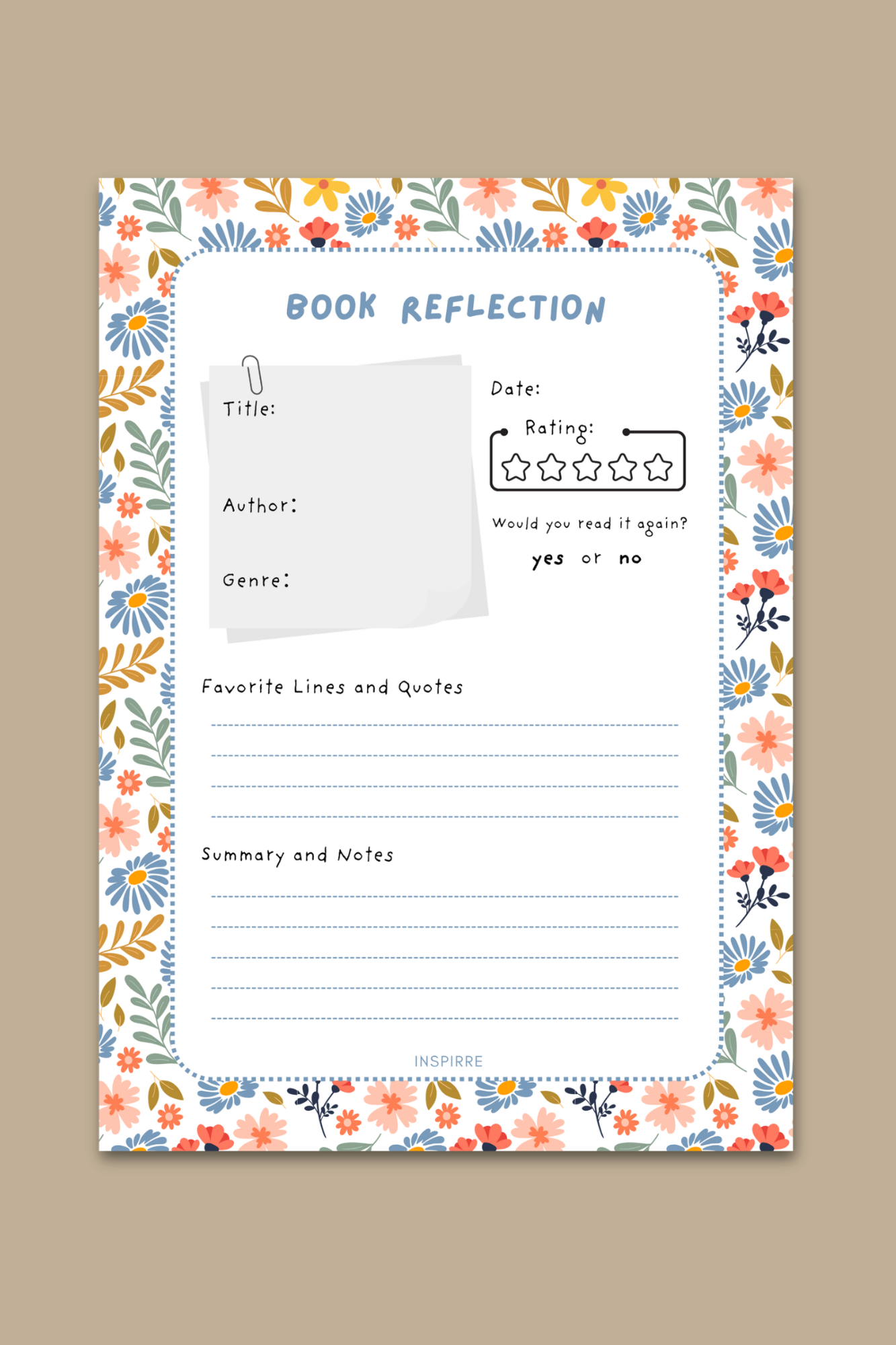 Book Reflection notepad floral design featuring colorful wildflower border with title author genre rating and notes sections by INSPIRRE