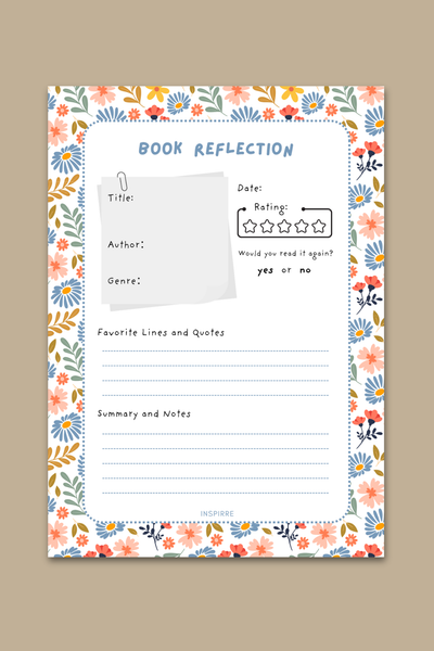 Book Reflection notepad floral design featuring colorful wildflower border with title author genre rating and notes sections by INSPIRRE