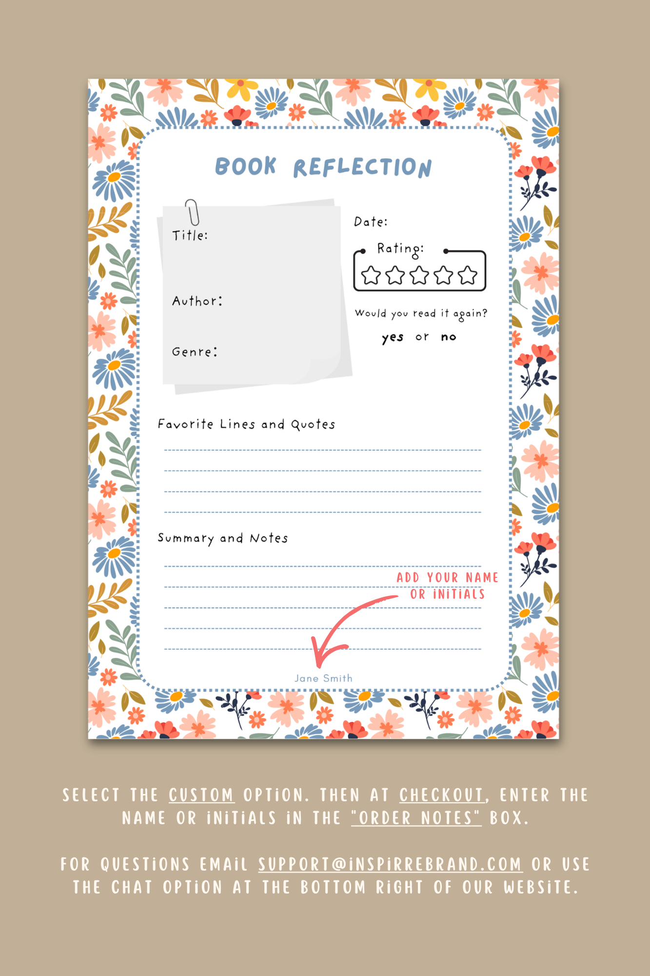 Book Reflection notepad floral design personalized with name or initials featuring colorful wildflower border by INSPIRRE