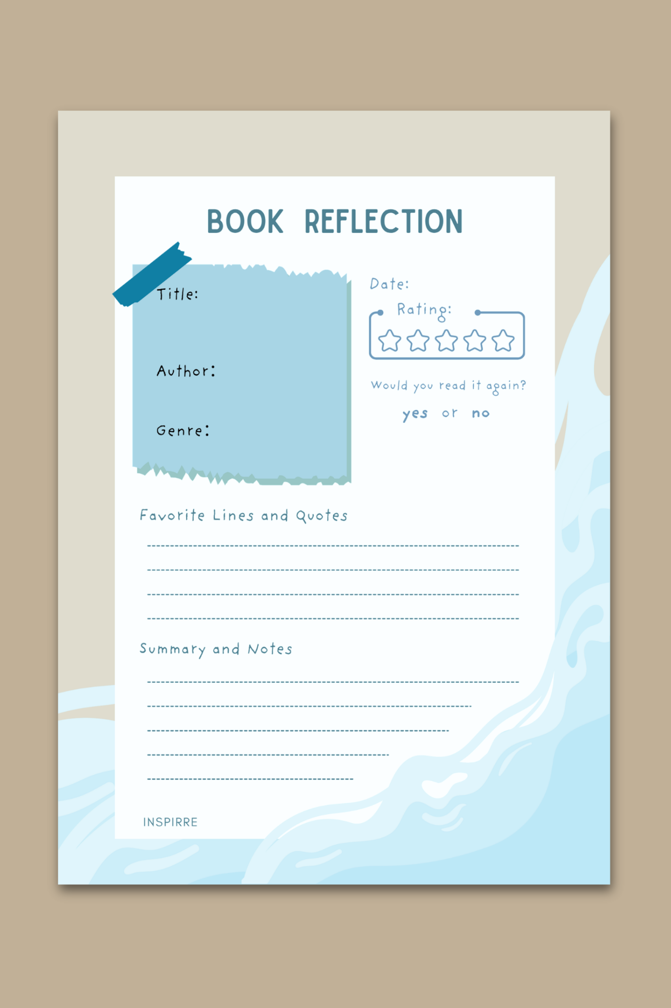 Book Reflection notepad blue wave design featuring soft watercolor background with title author genre rating and notes sections by INSPIRRE