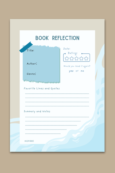Book Reflection notepad blue wave design featuring soft watercolor background with title author genre rating and notes sections by INSPIRRE