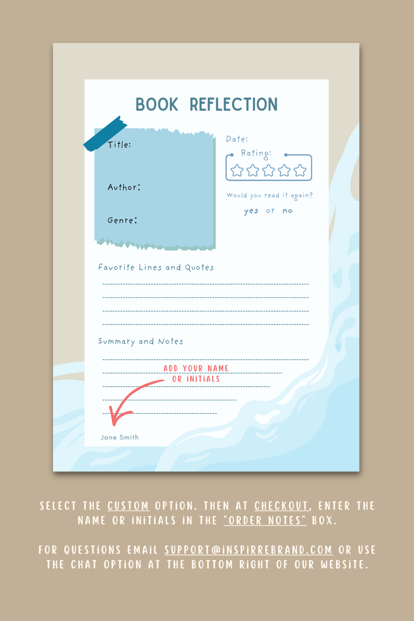 Book Reflection notepad blue wave design personalized with name or initials featuring soft watercolor background by INSPIRRE