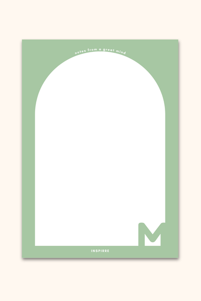 Notes from a Great Mind notepad cover featuring sage green background white arch design and bold monogram letter by INSPIRRE