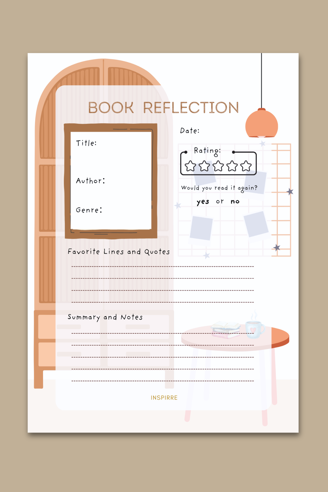 Book Reflection notepad boho reading room design featuring warm arch bookshelf illustration with title author genre rating and notes sections by INSPIRRE