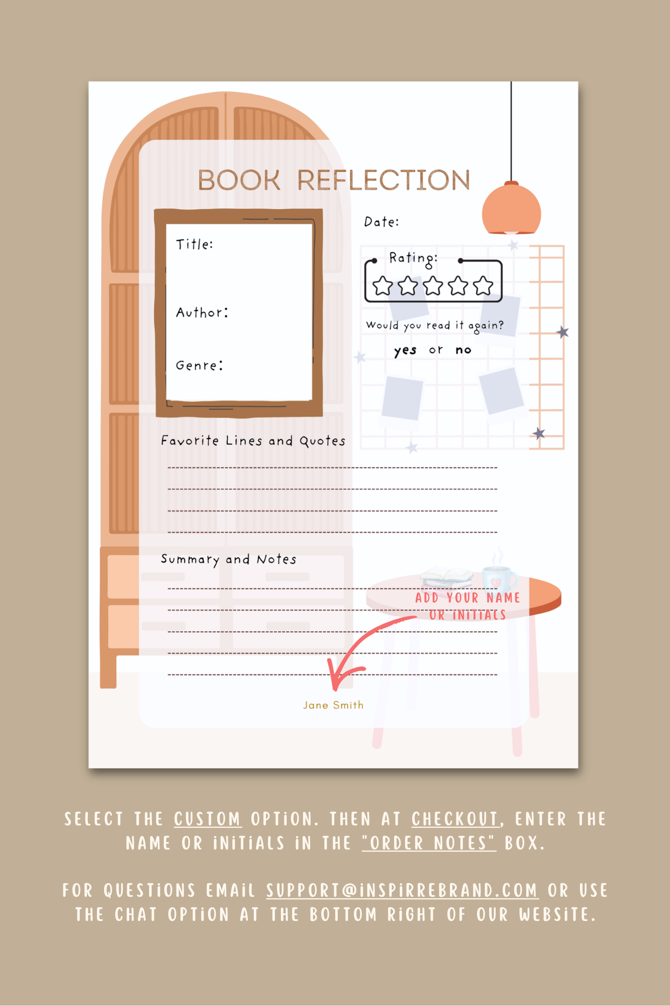 Book Reflection notepad boho reading room design personalized with name or initials featuring warm arch bookshelf illustration by INSPIRRE