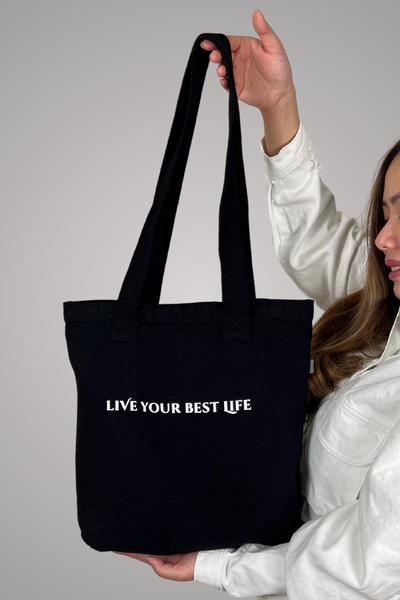 Live Your Best Life New York City black denim tote bag - USA made
NYC denim tote bag in black - Live Your Best Life message
INSPIRRE New York City denim tote bag - heavyweight cotton black