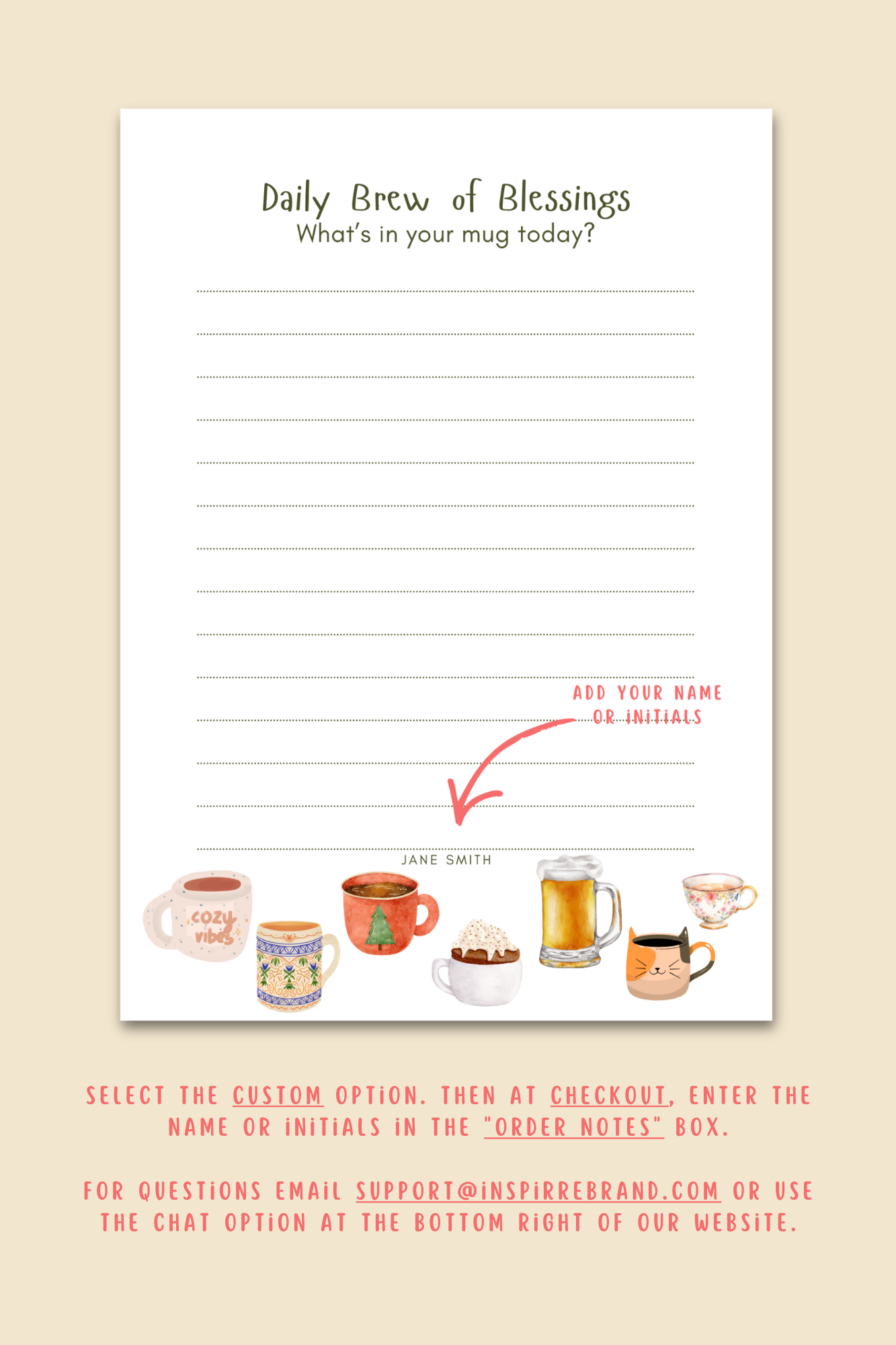 Daily Brew of Blessings custom notepad cover featuring illustrated mugs and the prompt What's in your mug today by INSPIRRE