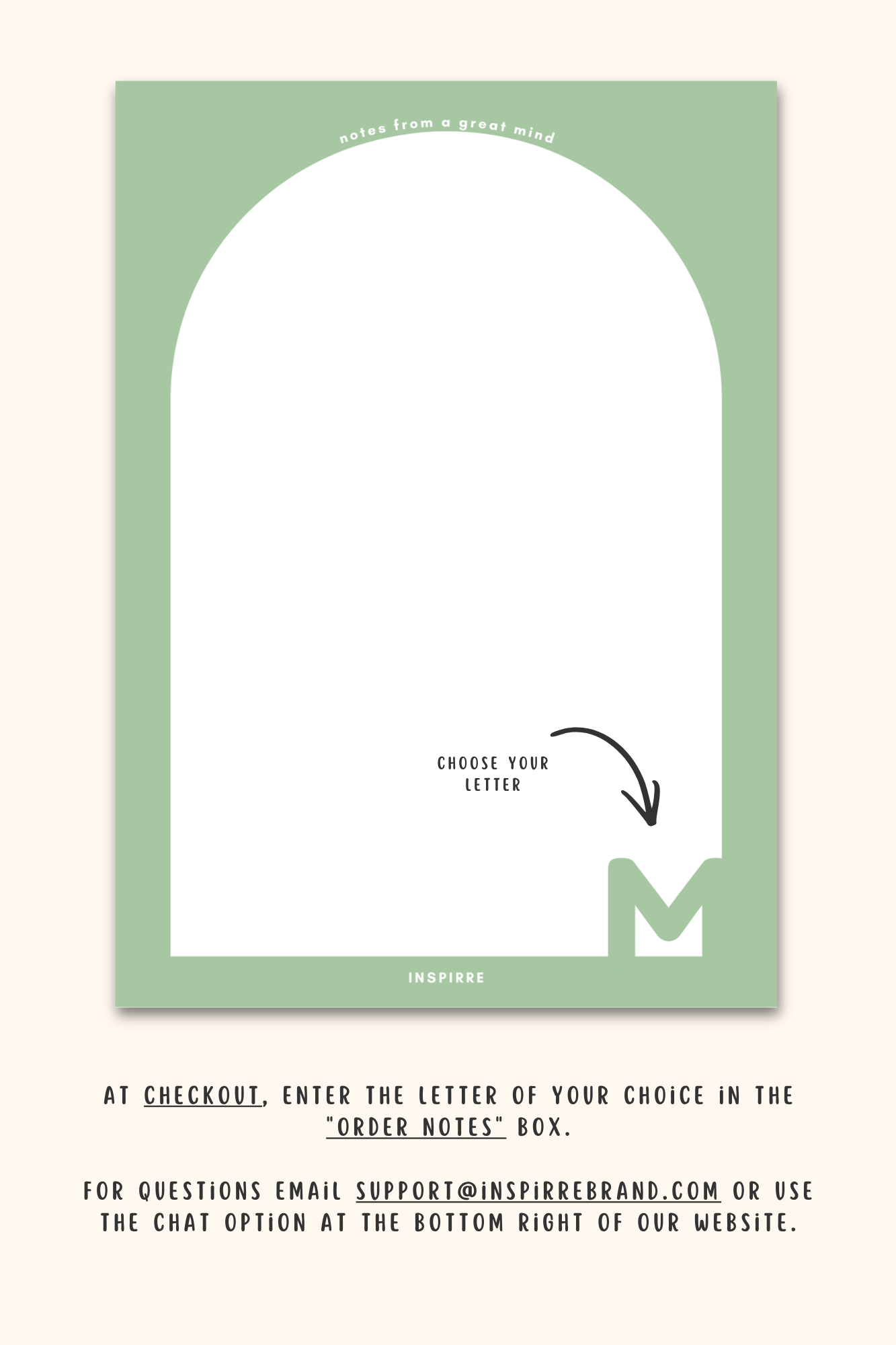 Notes from a Great Mind custom notepad cover featuring green background white arch design and bold monogram letter by INSPIRRE