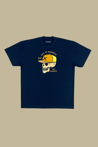 Die Full of Memories Not Regrets heavyweight navy blue tee with skull in snapback graphic - premium cotton streetwear shirt