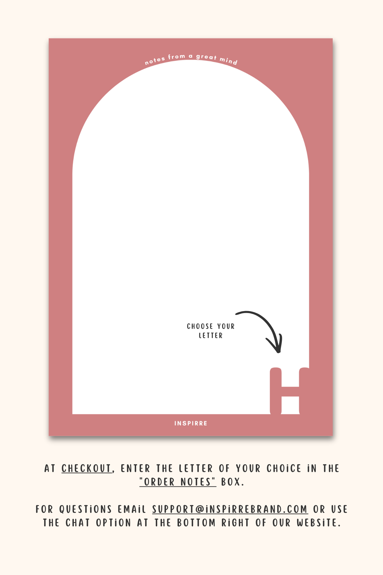 Notes from a Great Mind custom notepad cover featuring mauve pink background white arch design and bold monogram letter by INSPIRRE
