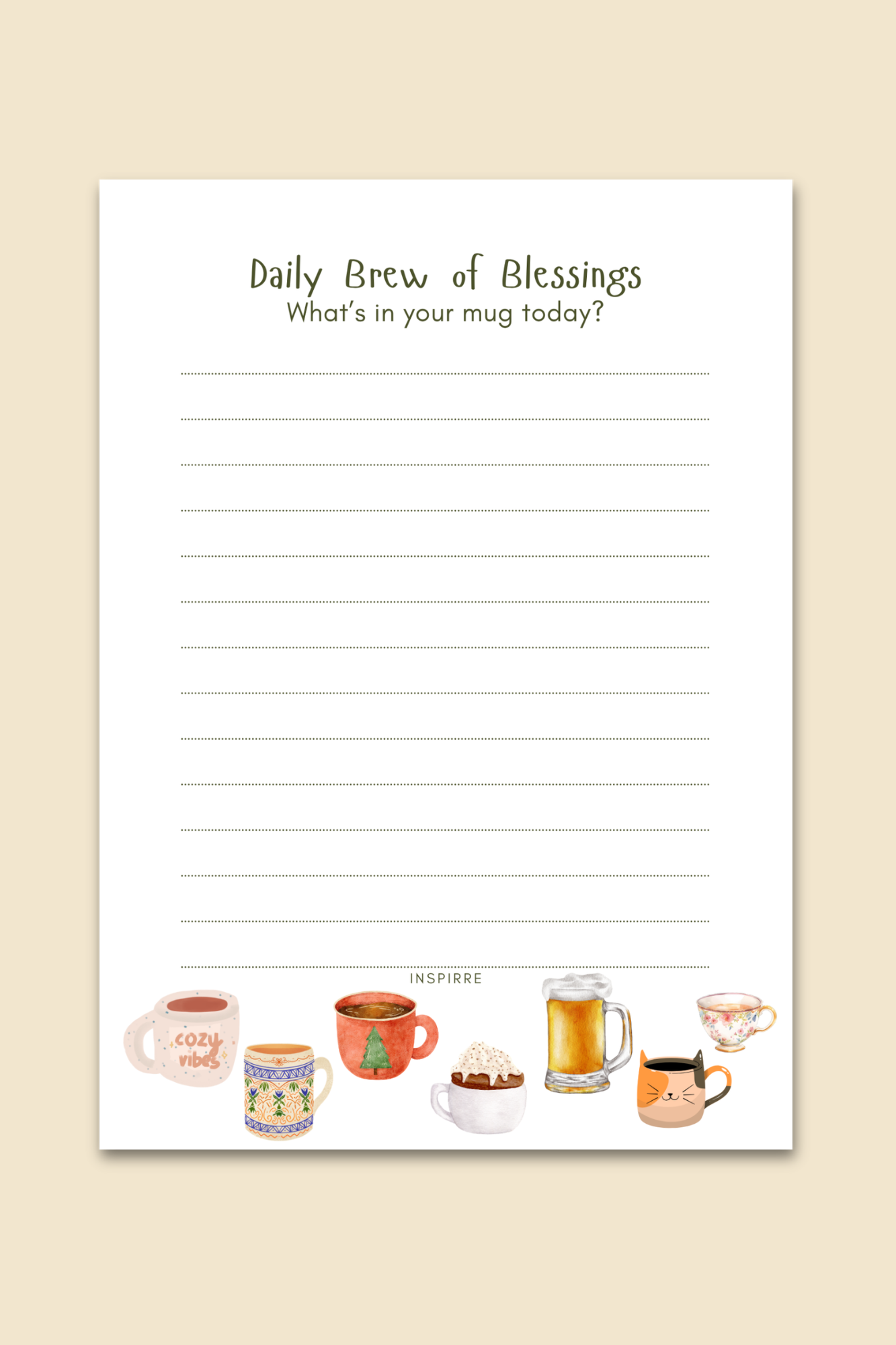 Daily Brew of Blessings notepad cover featuring illustrated mugs and the prompt What's in your mug today by INSPIRRE