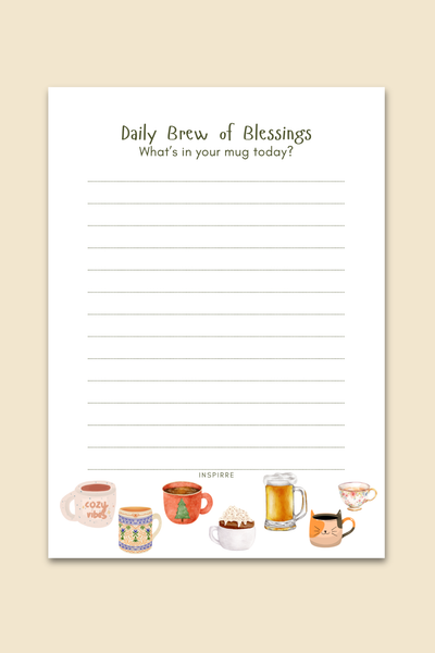 Daily Brew of Blessings notepad cover featuring illustrated mugs and the prompt What's in your mug today by INSPIRRE