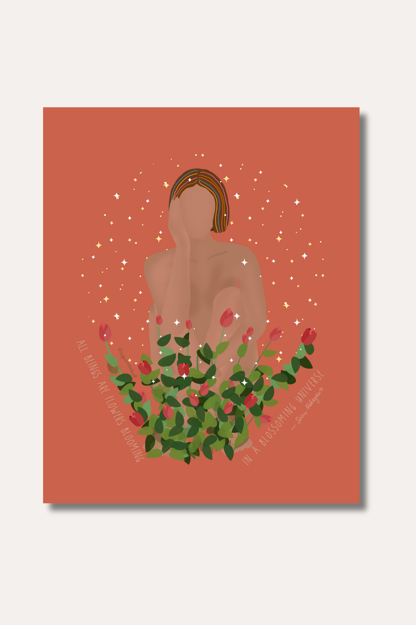 Bloom art print - minimalist figure emerging from pink roses with rainbow hair