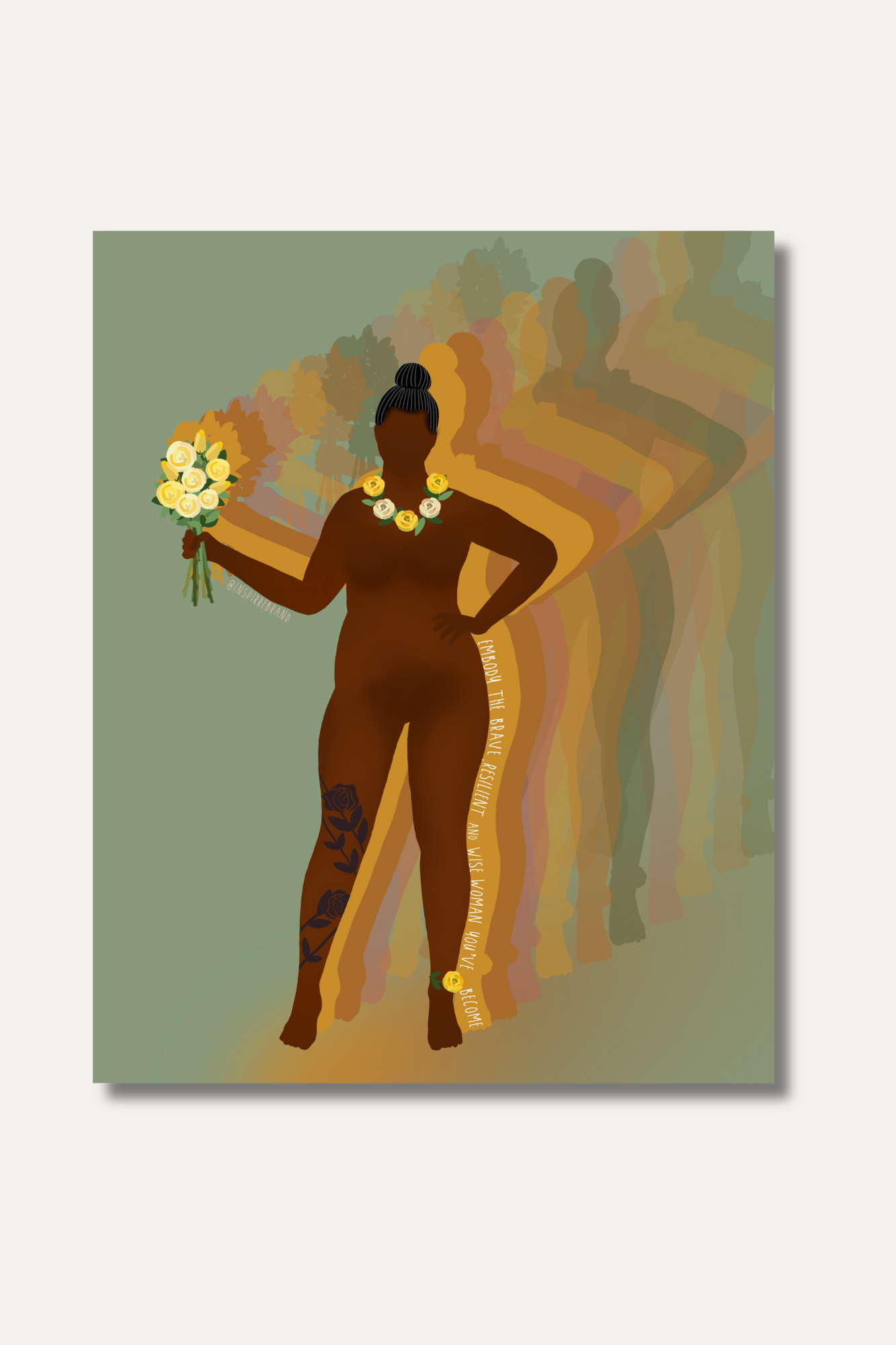 Conquer art print - empowered Black woman holding flowers with rainbow shadows