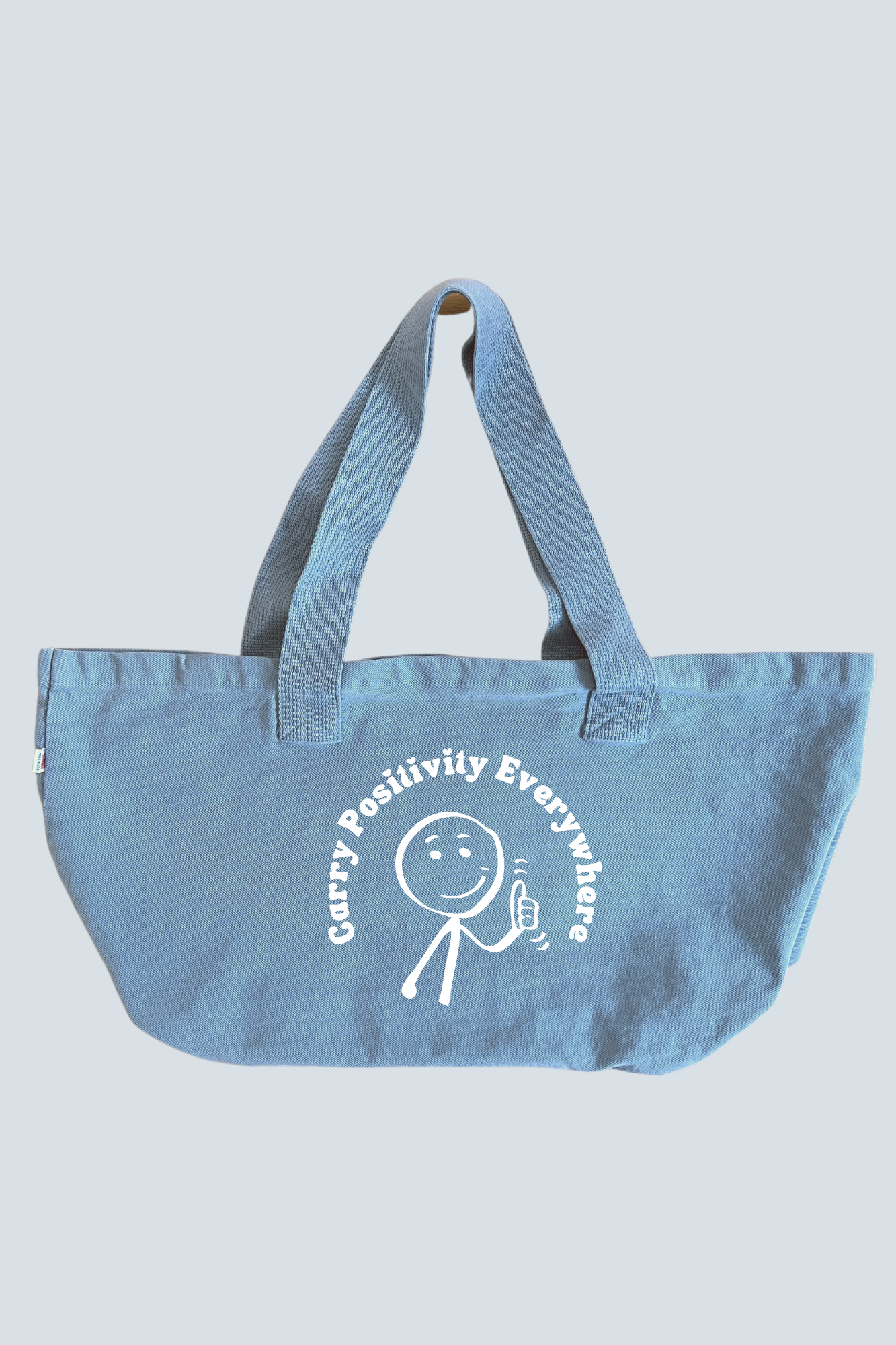 Carry Positivity Everywhere sky blue large denim tote bag with puff print
Large denim tote bag with positive message - INSPIRRE heavyweight cotton