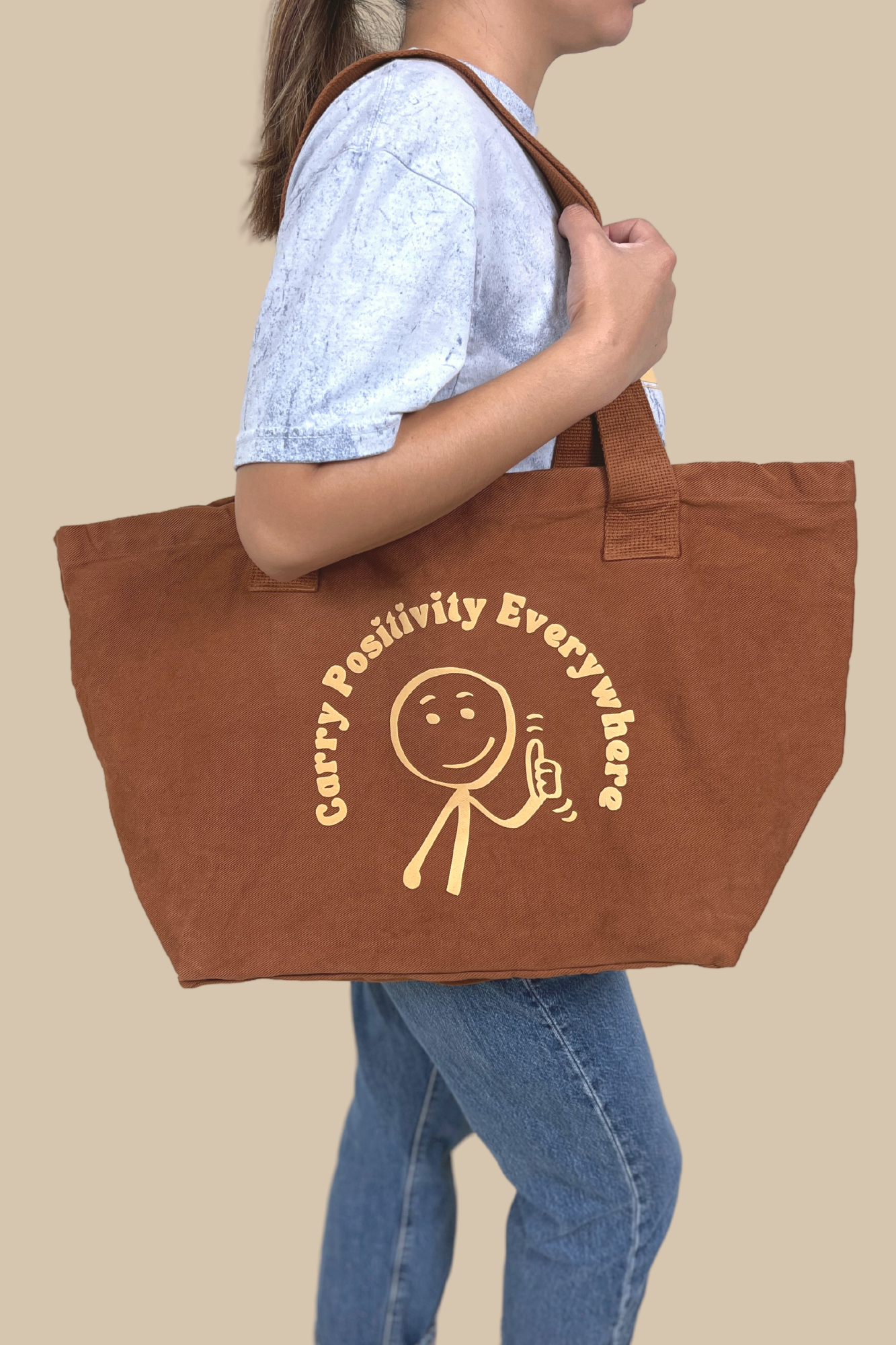 Carry Positivity Everywhere ginger brown large denim tote bag - USA made
Carry Positivity Everywhere sky blue large denim tote bag with puff print
Large denim tote bag with positive message - INSPIRRE heavyweight cotton