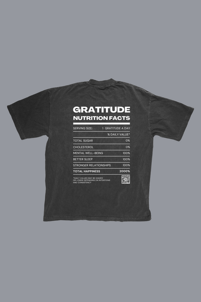Gratitude Nutrition Facts premium graphic tee in vintage black - gratitude and wellness adult shirt