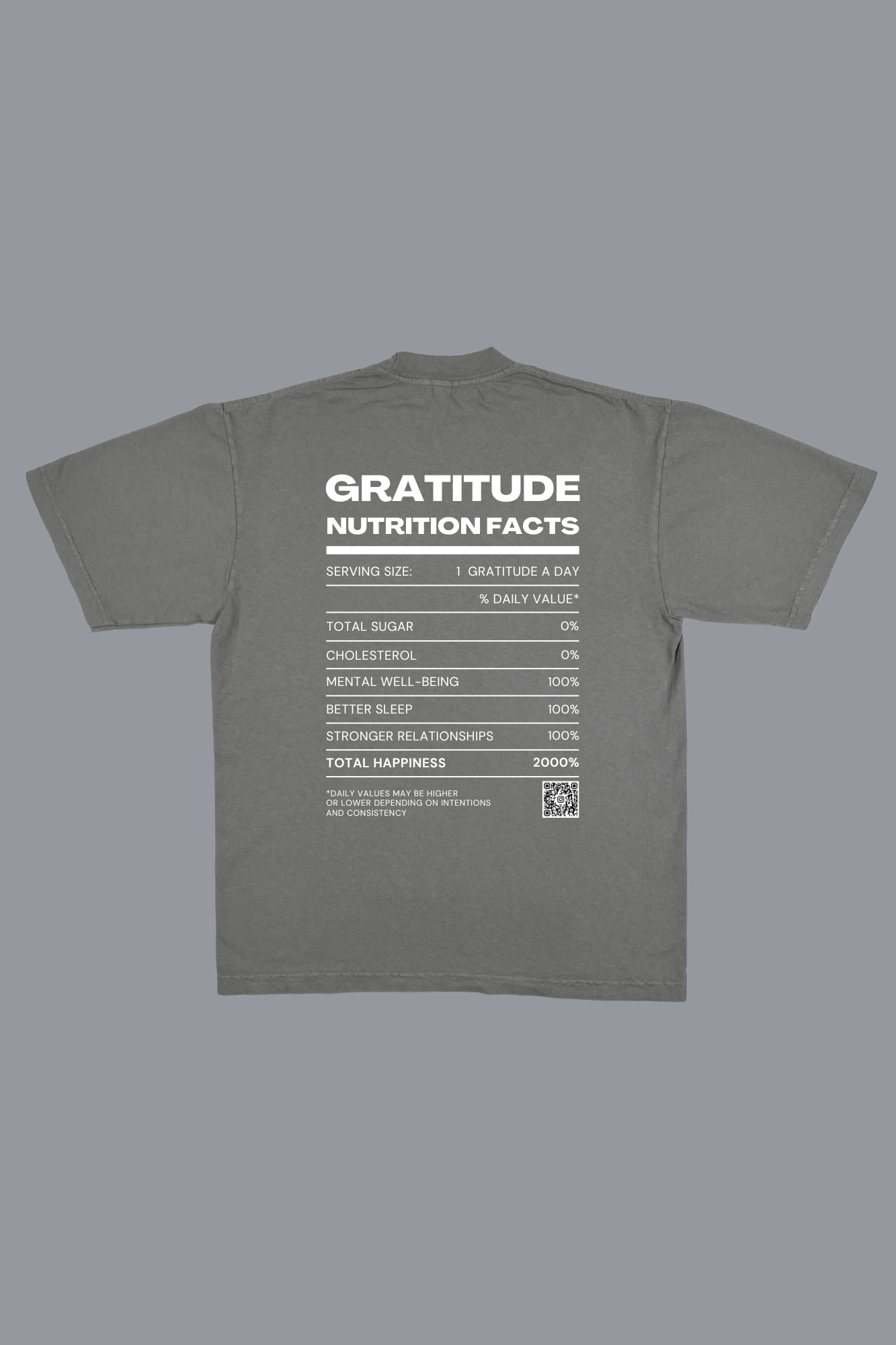 Gratitude Nutrition Facts premium graphic tee in gray - gratitude and wellness adult shirt