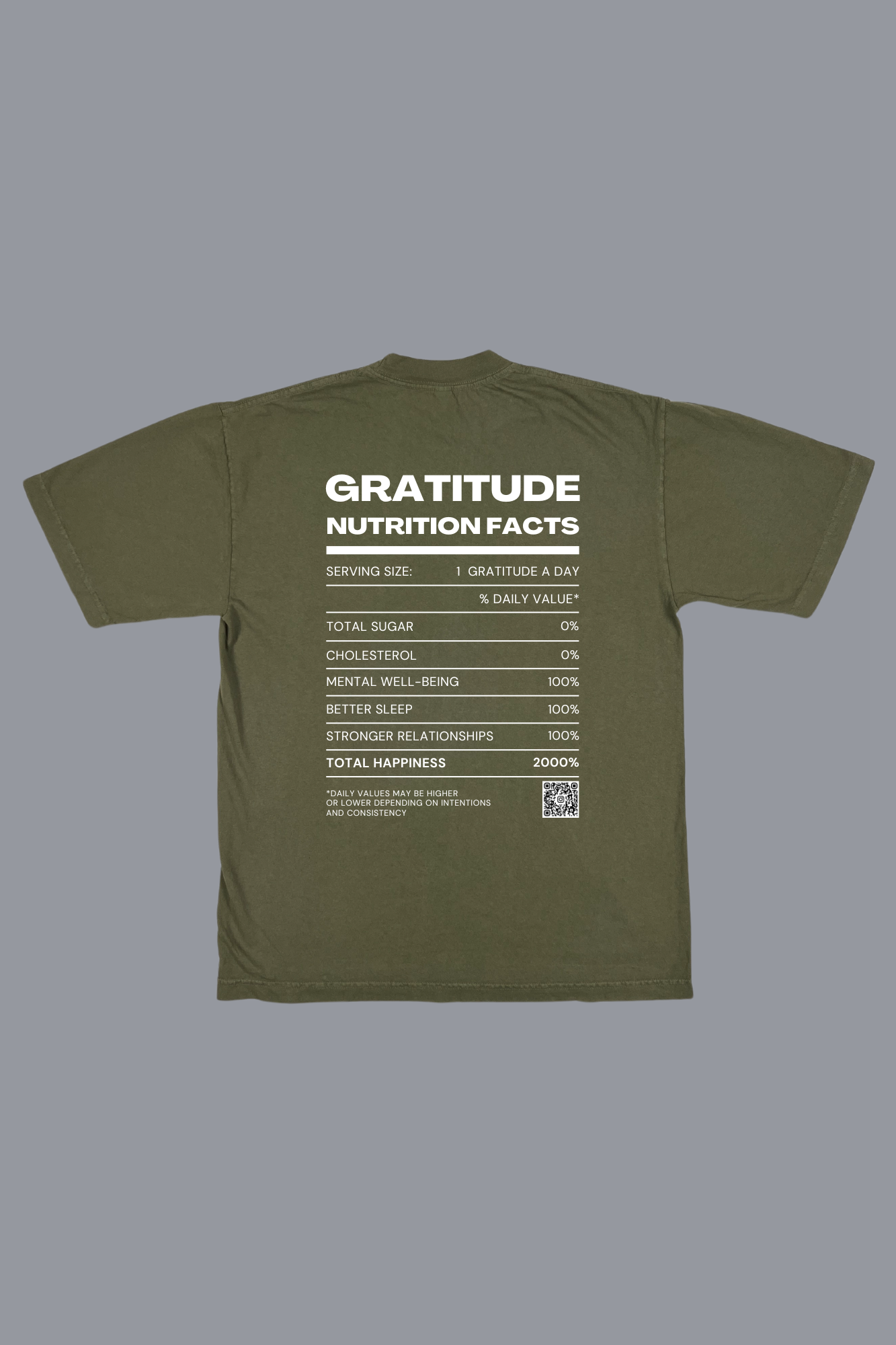 Gratitude Nutrition Facts premium graphic tee in olive - gratitude and wellness adult shirt