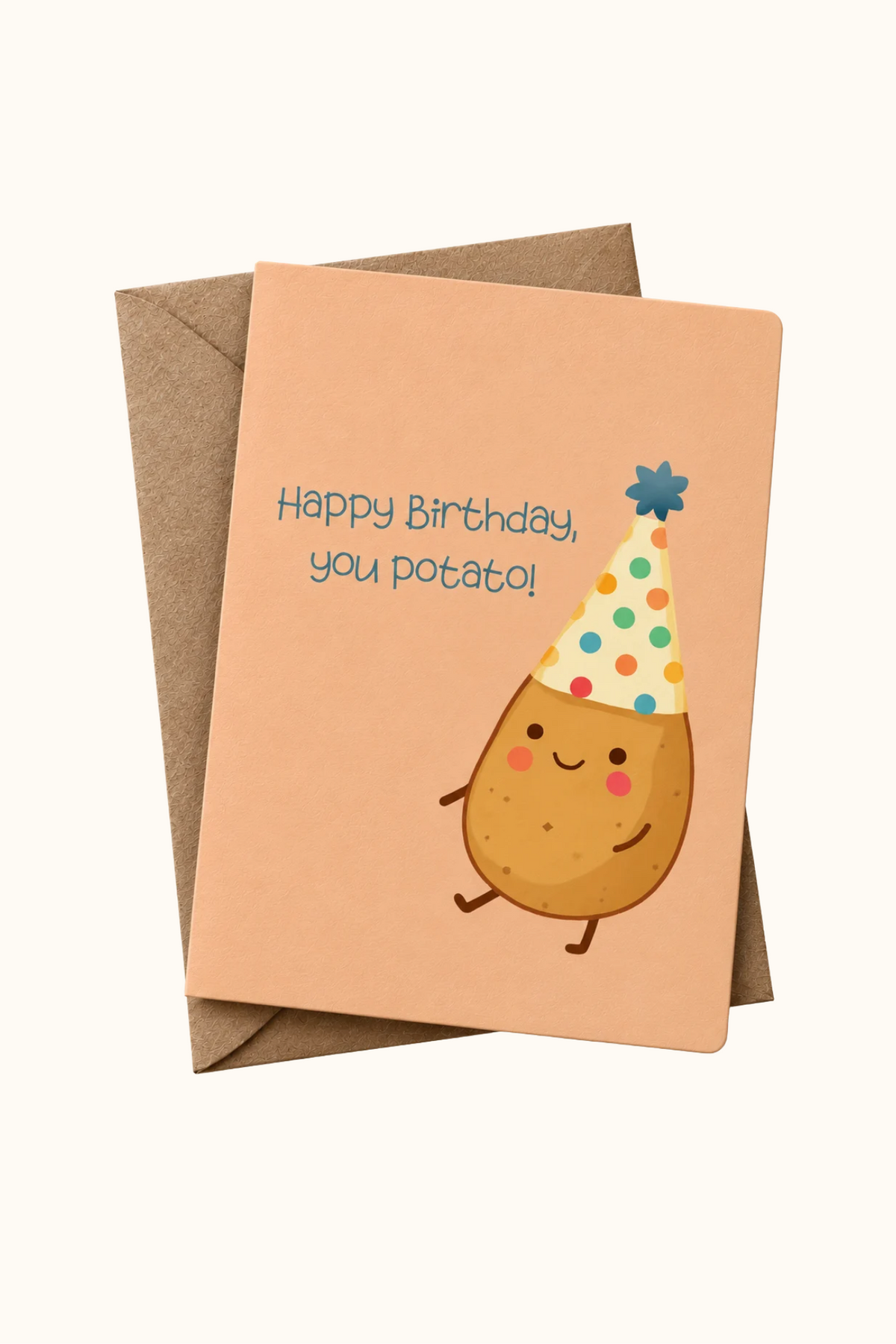 A cute birthday card and envelope set. The peach-colored card features a smiling potato character wearing a colorful party hat and the text 'Happy Birthday, you potato!'.