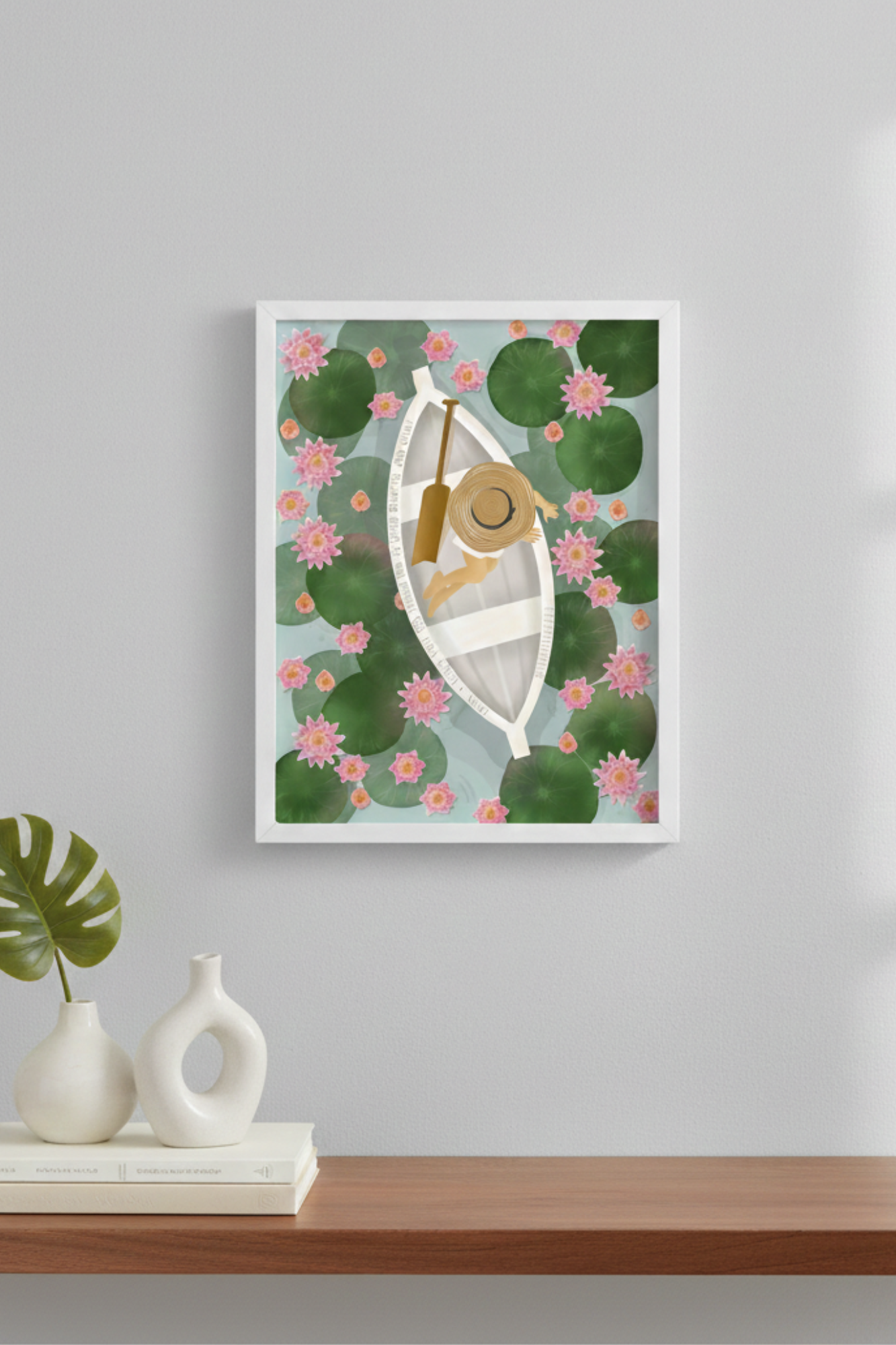 Lotus art print - aerial view of boat on lily pad pond with pink lotus flowers