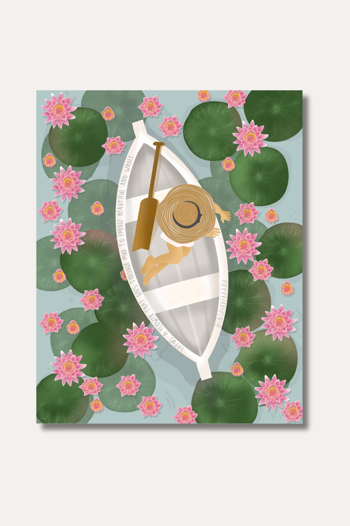 Lotus art print - aerial view of boat on lily pad pond with pink lotus flowers