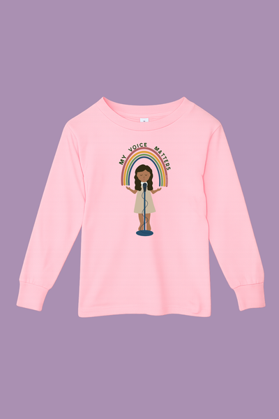 Pink shirt with rainbow graphic and text my voice matters