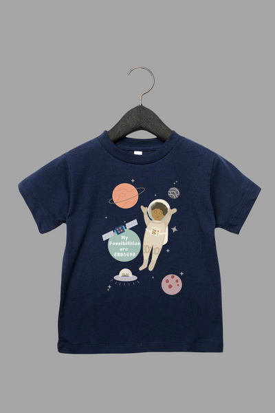 My Possibilities Are Endless toddler tee in navy blue - inspirational graphic shirt for kids